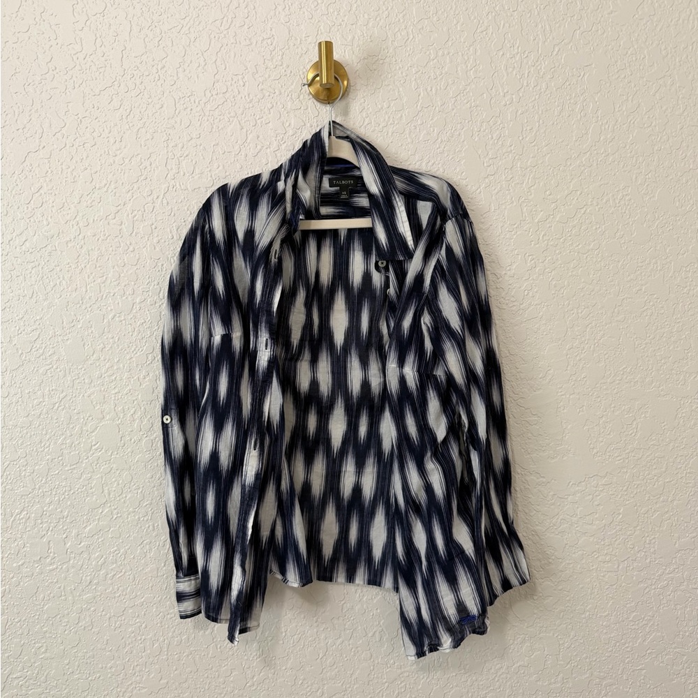 Talbots Navy and White Patterned Blouse